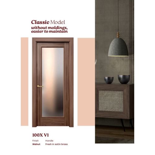 Classic collection door model 100XV1 in Walnut with Fresh handle in Satin Brass.