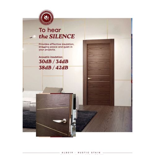 Contemporary collection door model AL8019 in Rustic Stain with Oval handle in Satin Brass.
