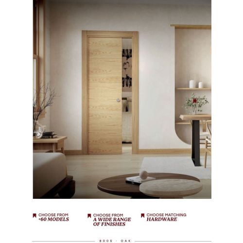 Contemporary collection internal sliding door model 8005 in Oak with Round satin chrome pocket sliding door kit.
