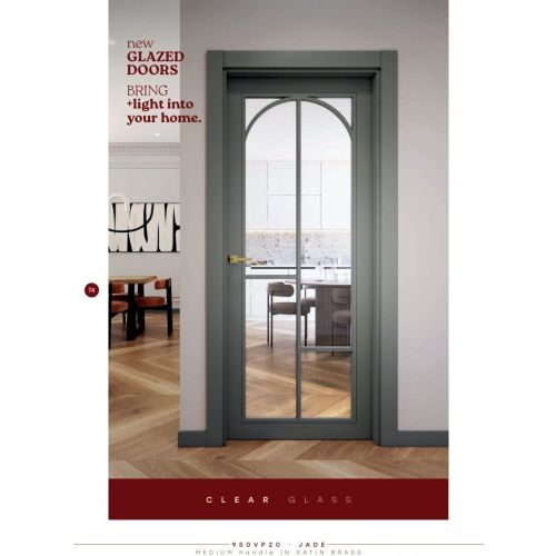 Lacquered collection door model 950VP20 in Jade with Medium handle in Satin Brass.