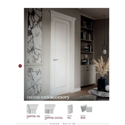 Lacquered collection door model 9100AR in White SR with Medium handle in Satin Chrome.