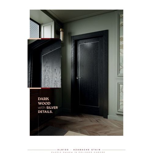 Live collection door model AL8100 in Azabache Stain with Puzzle handle in Polished Chrome.