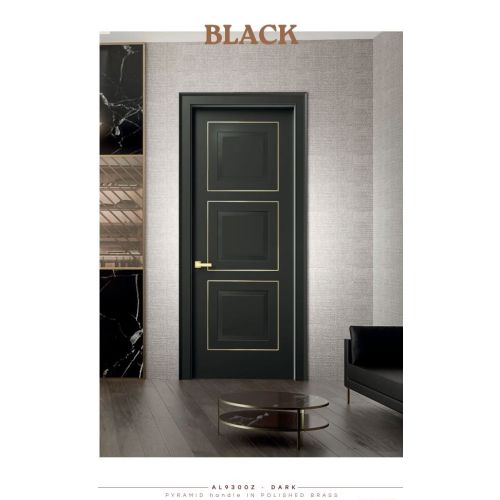 Live collection door model AL9300Z in Dark with Pyramid handle in Polished Brass.
