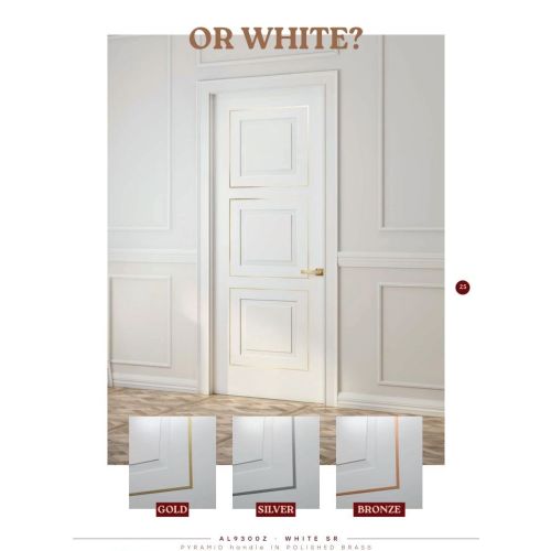 Live collection door model AL9300Z in White SR with Pyramid handle in Polished Brass.