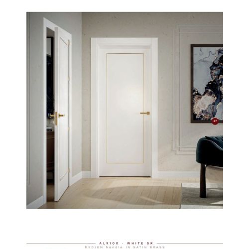 Live collection door model AL9100 in White SR with Medium handle in Satin Brass.