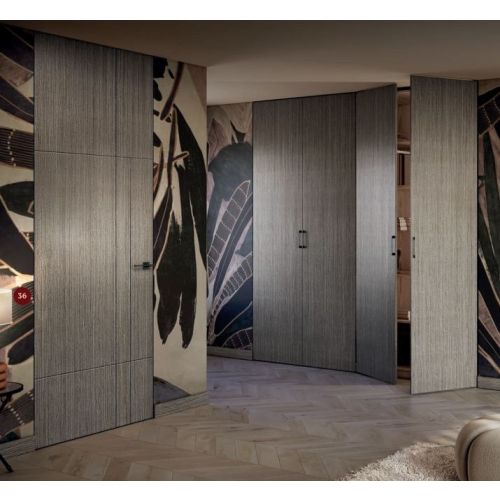 Live collection concealed frame door model D80202 in Linen with Plica handle in Graphite.