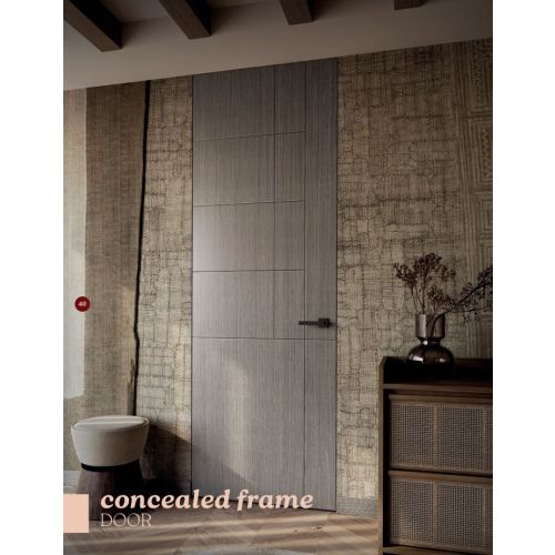 Live collection concealed frame door model D80204 in Linen with Medium handle in Black.