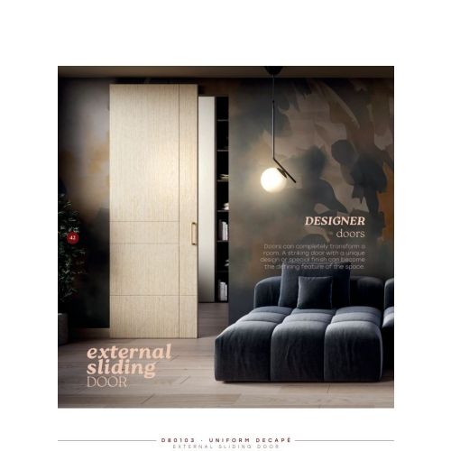 Live collection external sliding door model D80103 in Uniform Decapé with Medium pull handle in Satin Brass.