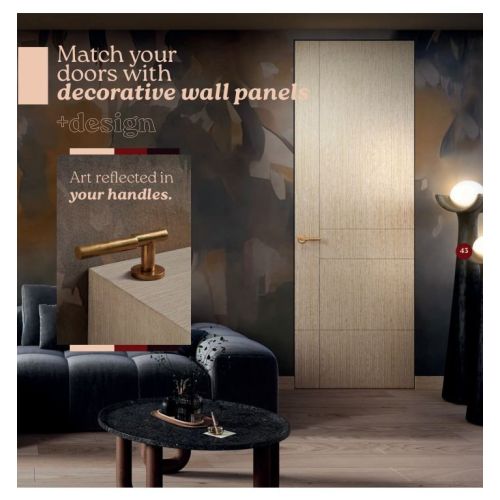 Live collection concealed frame door model D80103 in Uniform Decapé with Tab handle in Old Brass.