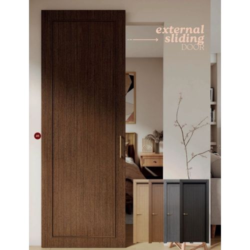 Live collection external sliding door model L51M in Wengué with Strip pull handle in Satin Brass.