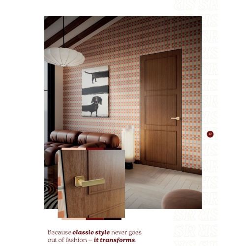 Live collection door model L53M in Chocolate Stain with Fresh handle in Satin Brass.