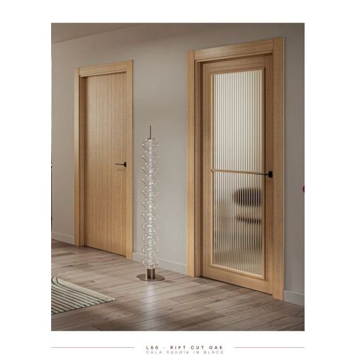 Minimal collection door model L60VP11 in Rift Cut Oak with Cala handle in Black.