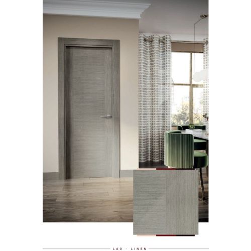 Minimal collection door model L60 in Linen with Flute handle in Satin Nickel.